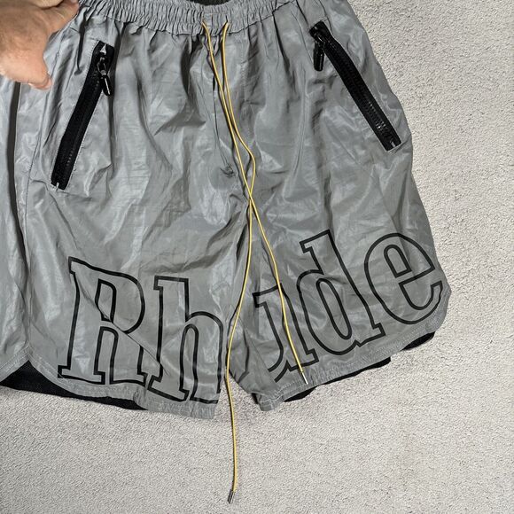 Rhude Shorts Men’s Size XL Silver Reflective Logo Streetwear Athletic Elastic - Picture 13 of 13